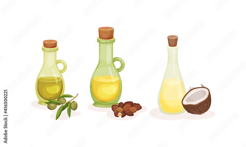 Organic Herbal Oil Poured in Glass Corked Jars Vector Set Organic Herbal Oil Poured in Glass Corked Jars Vector Set