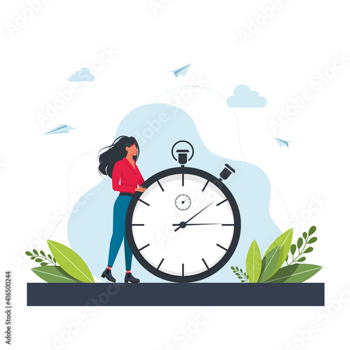 Hurrying woman and stopwatch. Concept of time management, effective planning for productive work, stressful task, deadline, countdown. Modern flat colorful vector illustration for poster, banner.