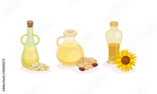 Organic Herbal Oil Poured in Glass Corked Jars Vector Set