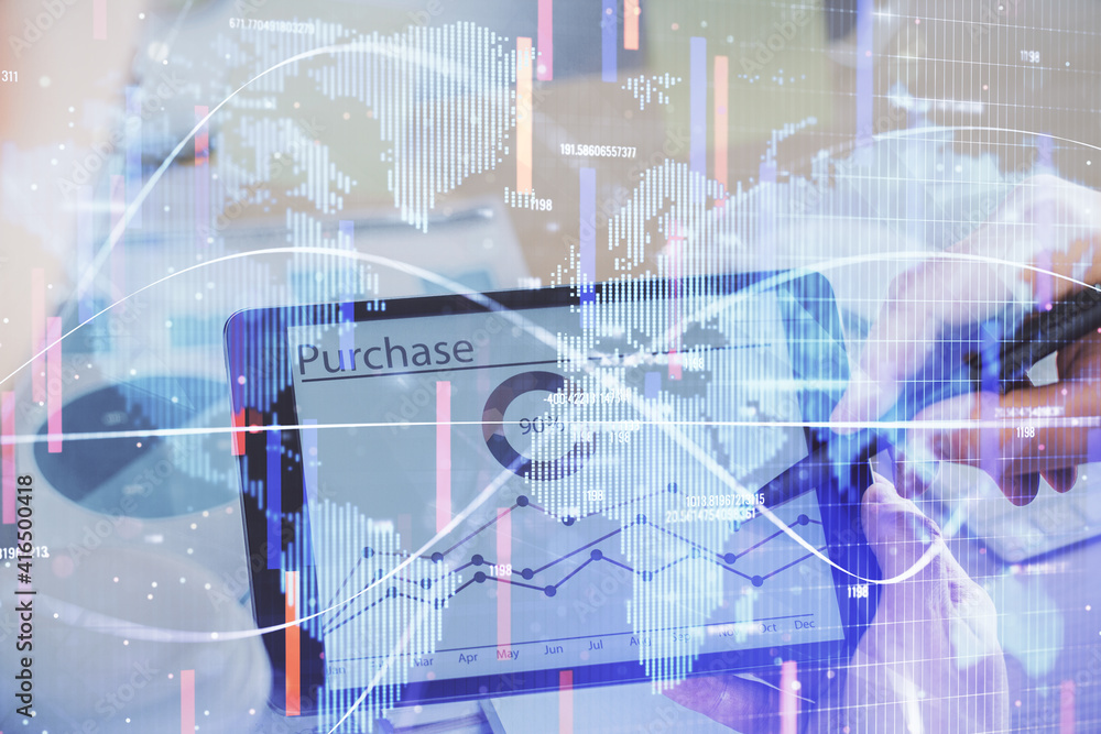 Double exposure of man's hands holding and using a phone and international business theme drawing. Double exposure of man's hands holding and using a phone and international business theme drawing.