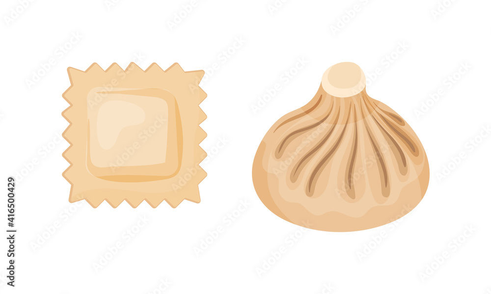 Dumpling Made of Dough Wrapped Around Savory or Sweet Filling Vector Set