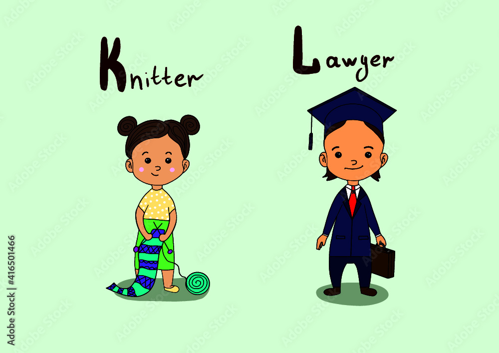 Cute vector alphabet Profession. Letter Knitter. Letter L - lawyer