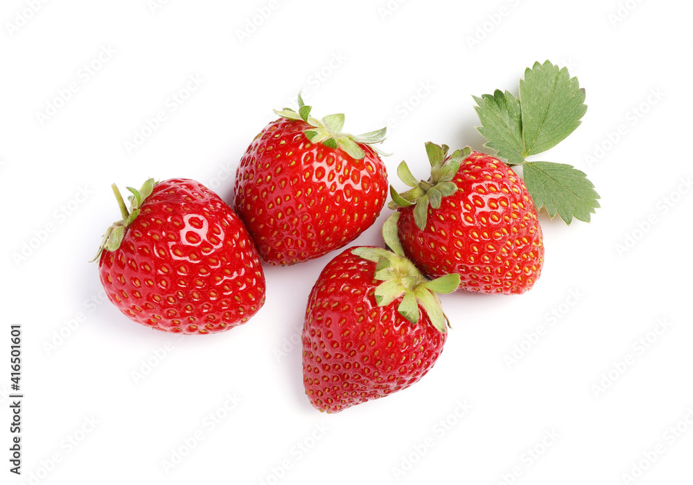 Delicious fresh red strawberries and green leaf on white background, top view Delicious fresh red strawberries and green leaf on white background, top view