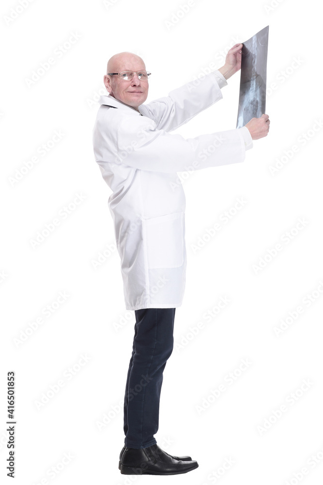 attending doctor checking the patient's x-ray. isolated on a white background. attending doctor checking the patient's x-ray. isolated on a white background.