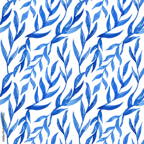 Watercolor seamless pattern with blue leaves ornament. Botanical background