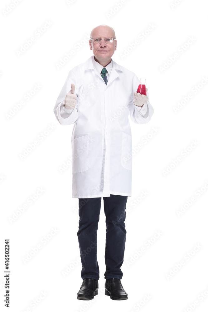medical researcher with a laboratory flask. isolated on a white background. medical researcher with a laboratory flask. isolated on a white background.