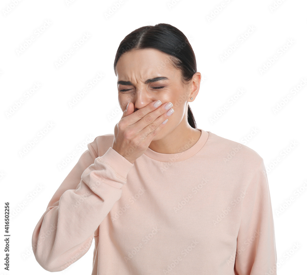 Woman suffering from nausea on white background. Food poisoning Woman suffering from nausea on white background. Food poisoning