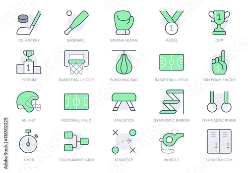Sport competition simple line icons. Vector illustration with minimal icon - baseball and football field, cup, baseball bat, ice hockey puck, box glove pictogram. Green Color Editable Stroke