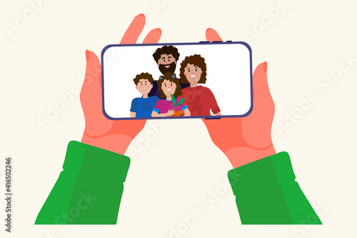 Selfie of the family. Vector cartoon photo of parents and children. Illustration of a family on the smartphone display. Vector illustration