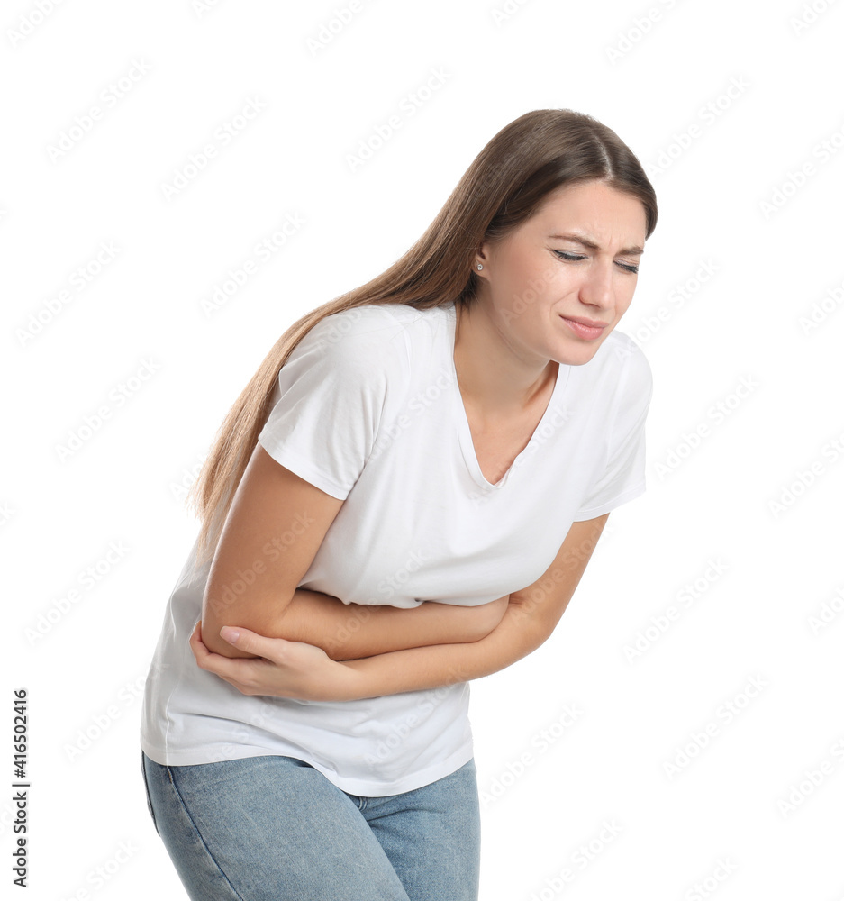 Woman suffering from stomach ache on white background. Food poisoning Woman suffering from stomach ache on white background. Food poisoning
