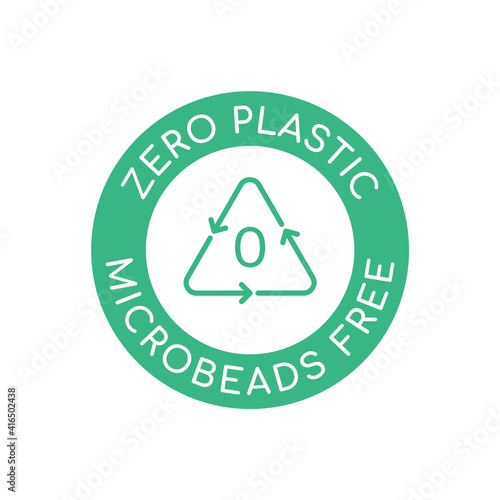 Zero plastic microbeads free icon. Recycle triangle and number zero in a green circle. Plastic free label. No microplastics. Eco friendly bpa free product packaging. Vector illustration, flat,clip art
