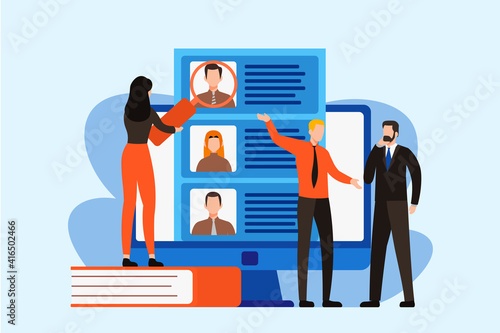 Illustration of a group of worker discussing about recruitment selection for a vacant position