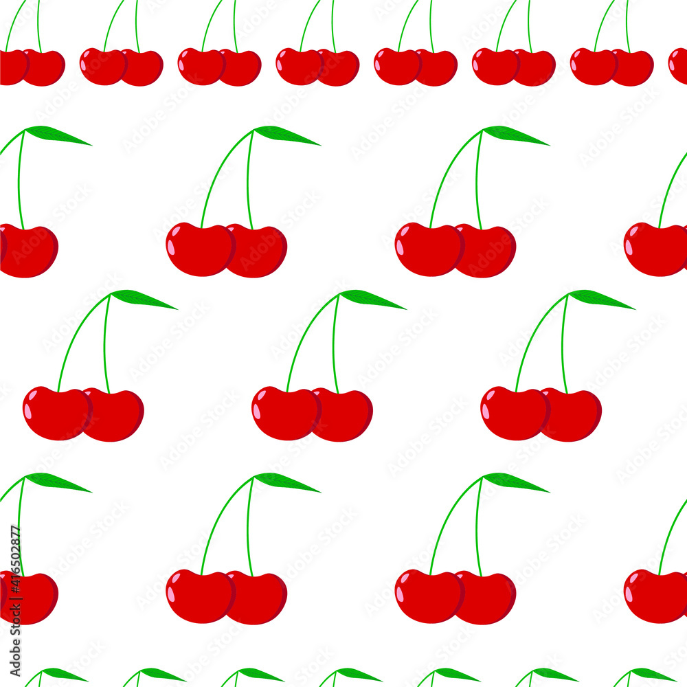 vector pattern with red cherries. flat image of cherry berries. ripe berries with green leaves vector pattern with red cherries. flat image of cherry berries. ripe berries with green leaves