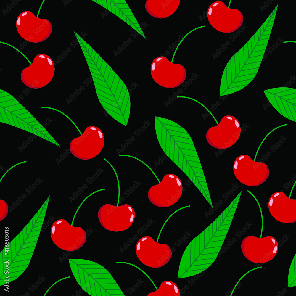vector pattern with red cherries. flat image of cherry berries. ripe berries with green leaves vector pattern with red cherries. flat image of cherry berries. ripe berries with green leaves