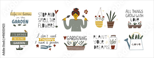 Set of cute positive funny gardening quotes.