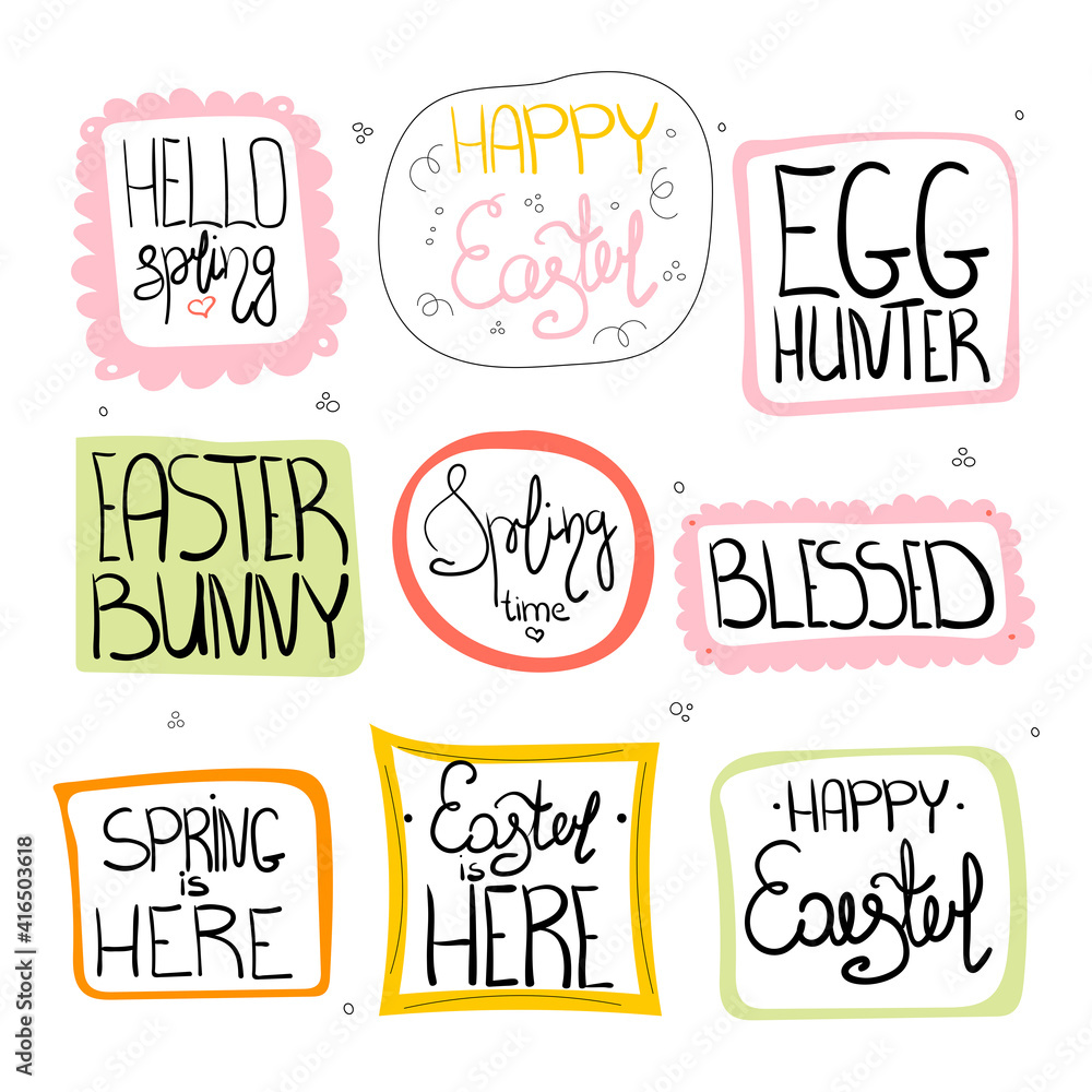 Set of Happy Easter typography design with different greetings. Vector stock illustration. Design for card template, holiday decorations, posters, print etc.