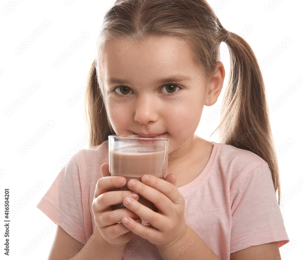 Cute little child with glass of tasty chocolate milk on white background, closeup Cute little child with glass of tasty chocolate milk on white background, closeup