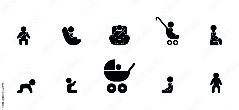 child icon set, isolated pictogram, stick figurine man, toddler symbol, kid on white background