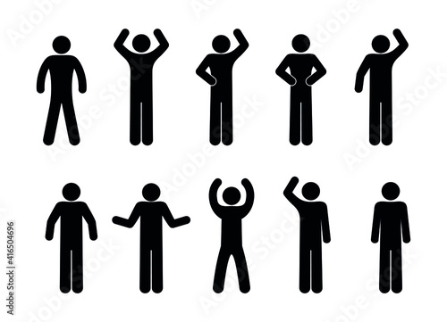 stickman icon, isolated pictogram stick figure man, various gestures with hands, human symbol on white background