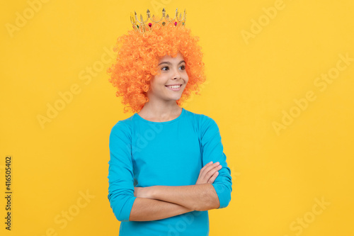 nice smile. imagine herself a princess. funny child in diadem. selfish teen girl in tiara.