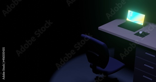 暗い部屋のノートパソコン・オフィスデスク・チェア　3DCG