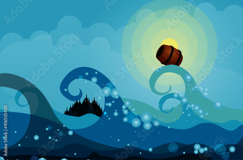 A raging sea with a barrel floating in it, a receding island, and an ancient city among the waves