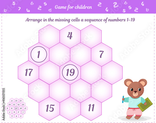  Logic game for children and adults. Place a sequence of numbers from 1 to 19 in the empty cells