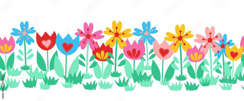 Vecteur Stock Seamless cute flower border isolated on white background.  Hand drawn floral vector illustration child like tulips colorful repeating  pattern for spring, Easter, card decor, fabric trim, footer, ribbon