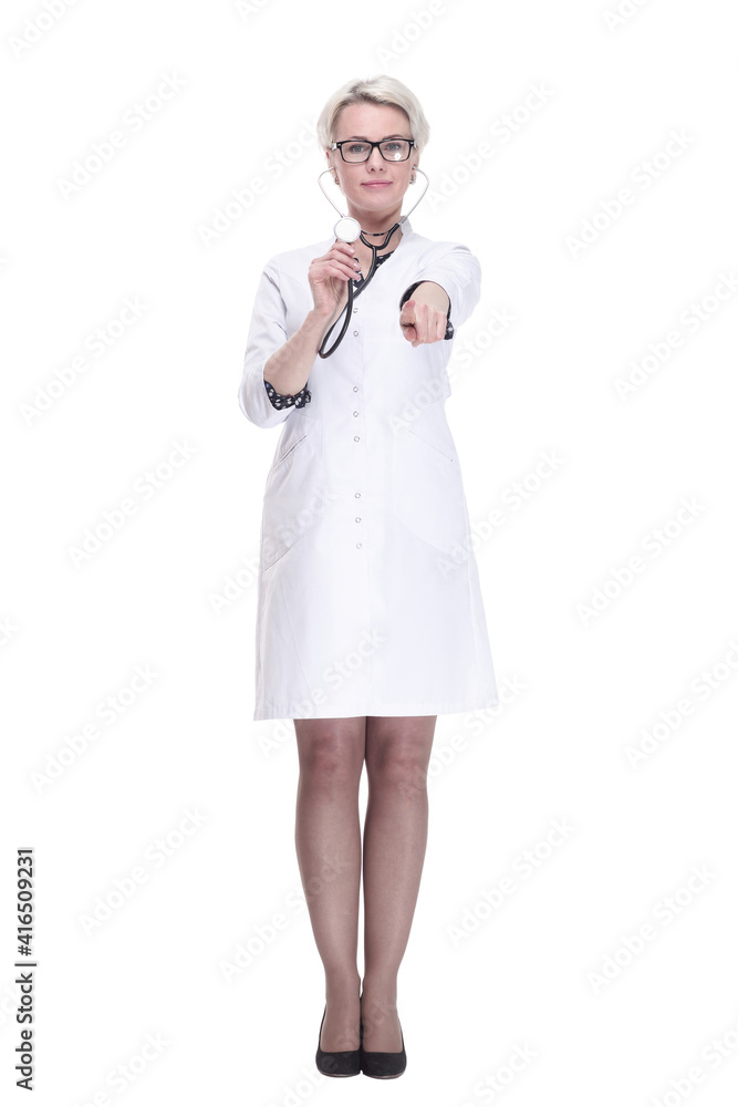 attentive female doctor holds her stethoscope. isolated on a white background. attentive female doctor holds her stethoscope. isolated on a white background.