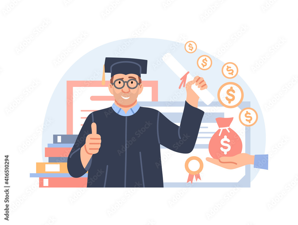 Investment in education concept. Study cash, tuition fees or budget, student grant. Cartoon graduate in graduation cap with diploma and money for college. Scholarship cost or loan vector illustration. Investment in education concept. Study cash, tuition fees or budget, student grant. Cartoon graduate in graduation cap with diploma and money for college. Scholarship cost or loan vector illustration.