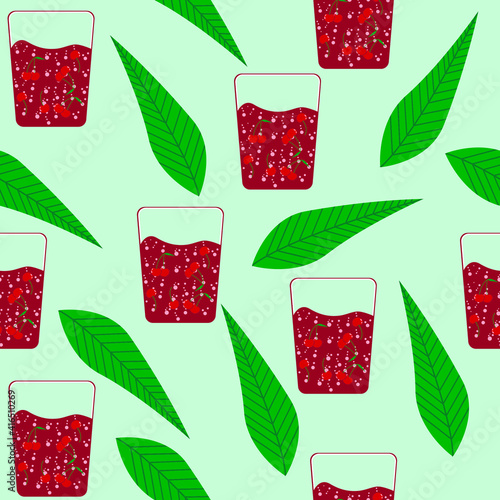 vector pattern with glass glass with juice. flat pattern image with cocktail with red cherries