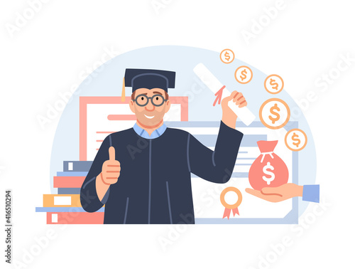 Investment in education concept. Study cash, tuition fees or budget, student grant. Cartoon graduate in graduation cap with diploma and money for college. Scholarship cost or loan vector illustration.