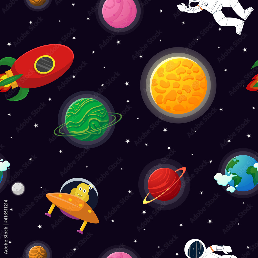 Flat cartoon style funny planet pattern. Flat cartoon style funny planet pattern.