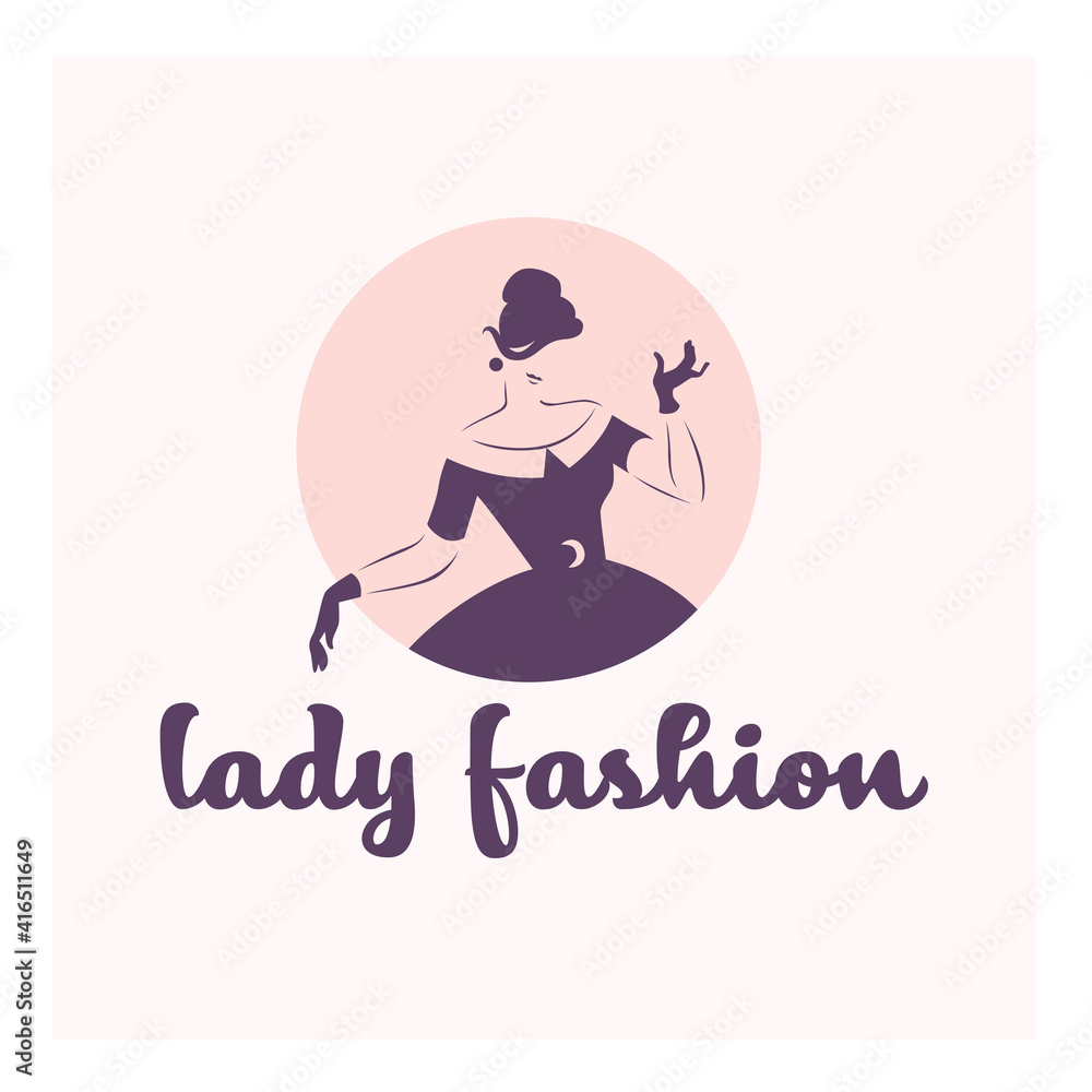 Lady fashion concept design template isolated on light nude colored background. Stylish lady in retro style concept. For logo, branding, advertisement, shop insignia. Vector flat illustration. Lady fashion concept design template isolated on light nude colored background. Stylish lady in retro style concept. For logo, branding, advertisement, shop insignia. Vector flat illustration.