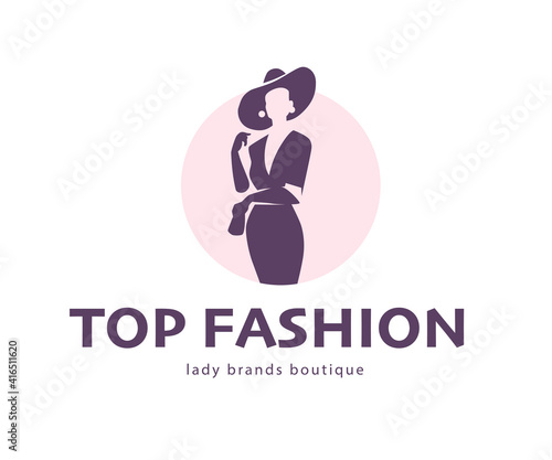 Top fashion concept design template isolated on light background. Stylish lady in hat with bag icon concept. For branding, advertisement, shop insignia. Vector flat illustration.