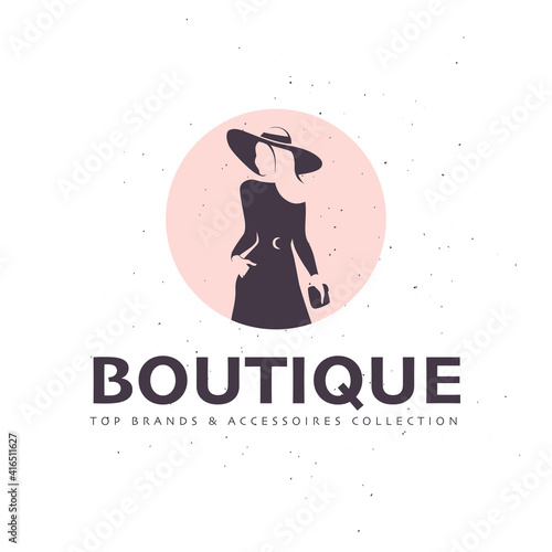 Lady boutique logo design template isolated on white textured background. Stylish long haired lady in hat with bag icon concept. For branding, advertisement, shop insignia. Vector flat illustration.