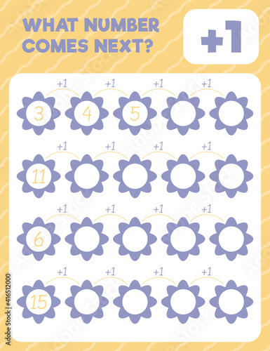 Math worksheet practice print page. What number comes next? Addition. Count and write.
