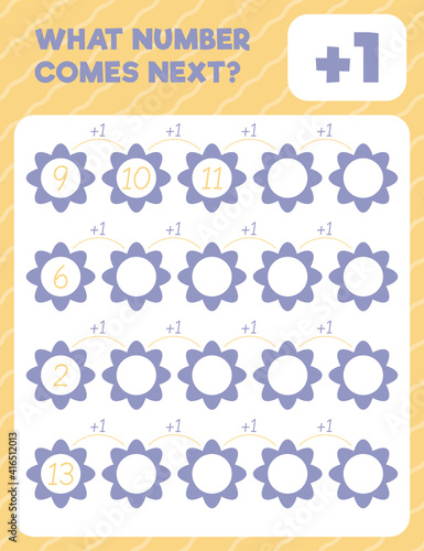 Math worksheet practice print page. What number comes next? Addition. Count and write.