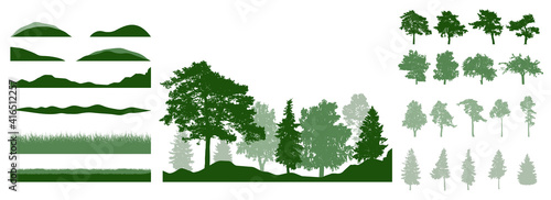 Design elements of summer trees. Constructor woodland, landscape. Silhouettes of beautiful fir trees, pine, other trees, grass, hill. Creation of beautiful park, forest. Vector illustration