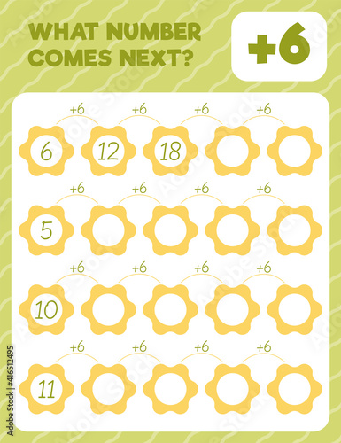 Math worksheet practice print page. What number comes next? Addition. Count and write.