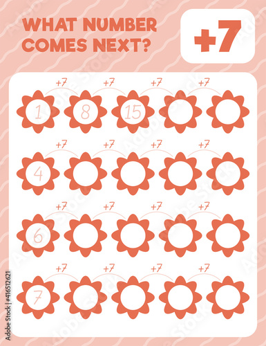 Math worksheet practice print page. What number comes next? Addition. Count and write.
