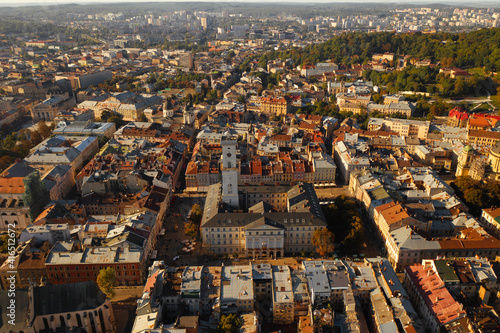 City panorama from above. Lviv, old European city. City hall, temples, buildings with red roofs and streets on a sunny day