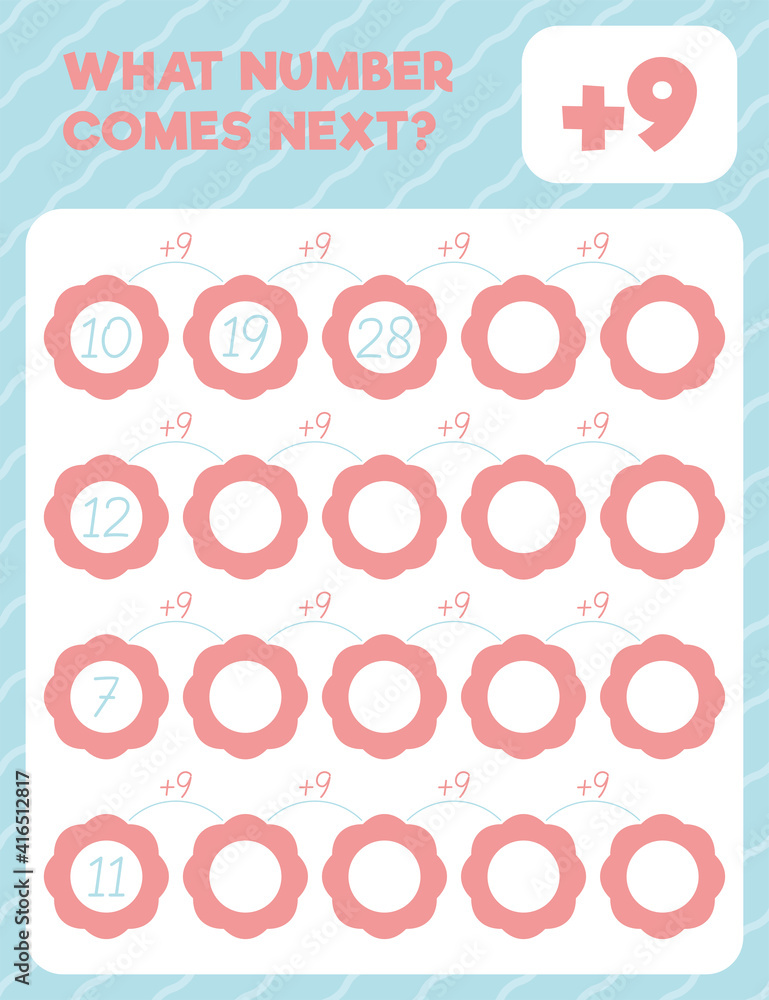 Math worksheet practice print page. What number comes next? Addition. Count and write.