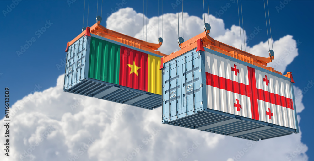 Freight containers with Cameroon and Georgia flag. 3D Rendering 