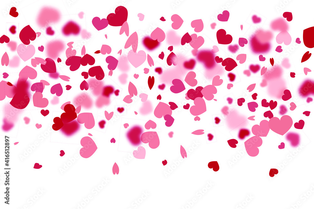 Red Heart Confetti on White. Isolated Dust Particles. Fluid Birthday Card. Random Bridal Backdrop. Foil Border. Geometric Anniversary Backdrop. Vector Round Bokeh. Abstract Iridescent Background.