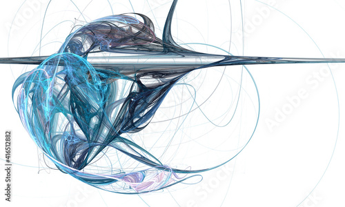 Blue stringy and viscous shape or substance on white. Creative digital poster. Energy discharge, web or fictional science matter.