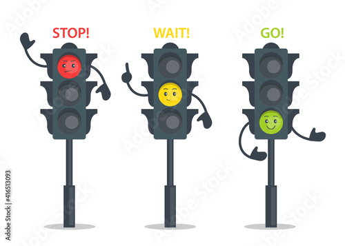 Traffic lights cartoon characters design,  Urban safety signals for children. City safety with traffic control on streets. Semaphores for roads intersection. Vector illustration