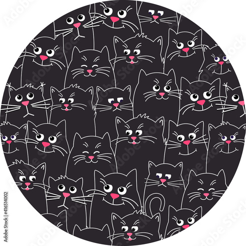 In circle pattern cat. many Cute pet colorful pattern background. Different muzzle of cats, funny, sad, sleepy. Vector illustration in Flat style.