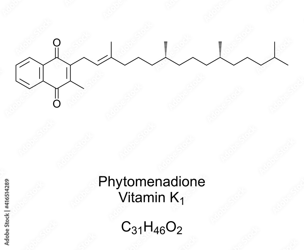 Phytomenadione, Vitamin K1, phylloquinone, chemical formula and skeletal structure. Also