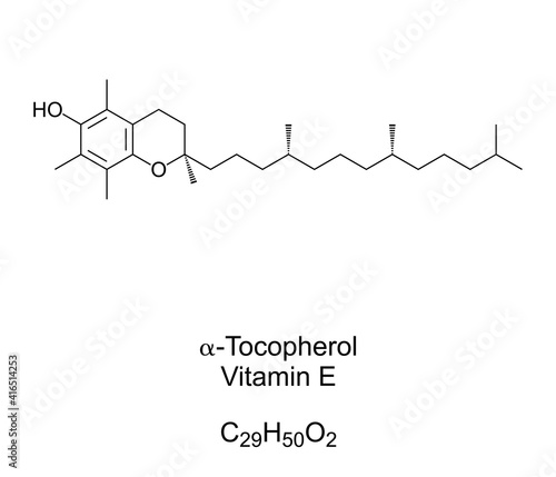 alpha-Tocopherol, Vitamin E chemical formula and skeletal structure. A type of vitamin E preferentially absorbed and accumulated in humans. Food additive E307, dietary supplement. Illustration. Vector